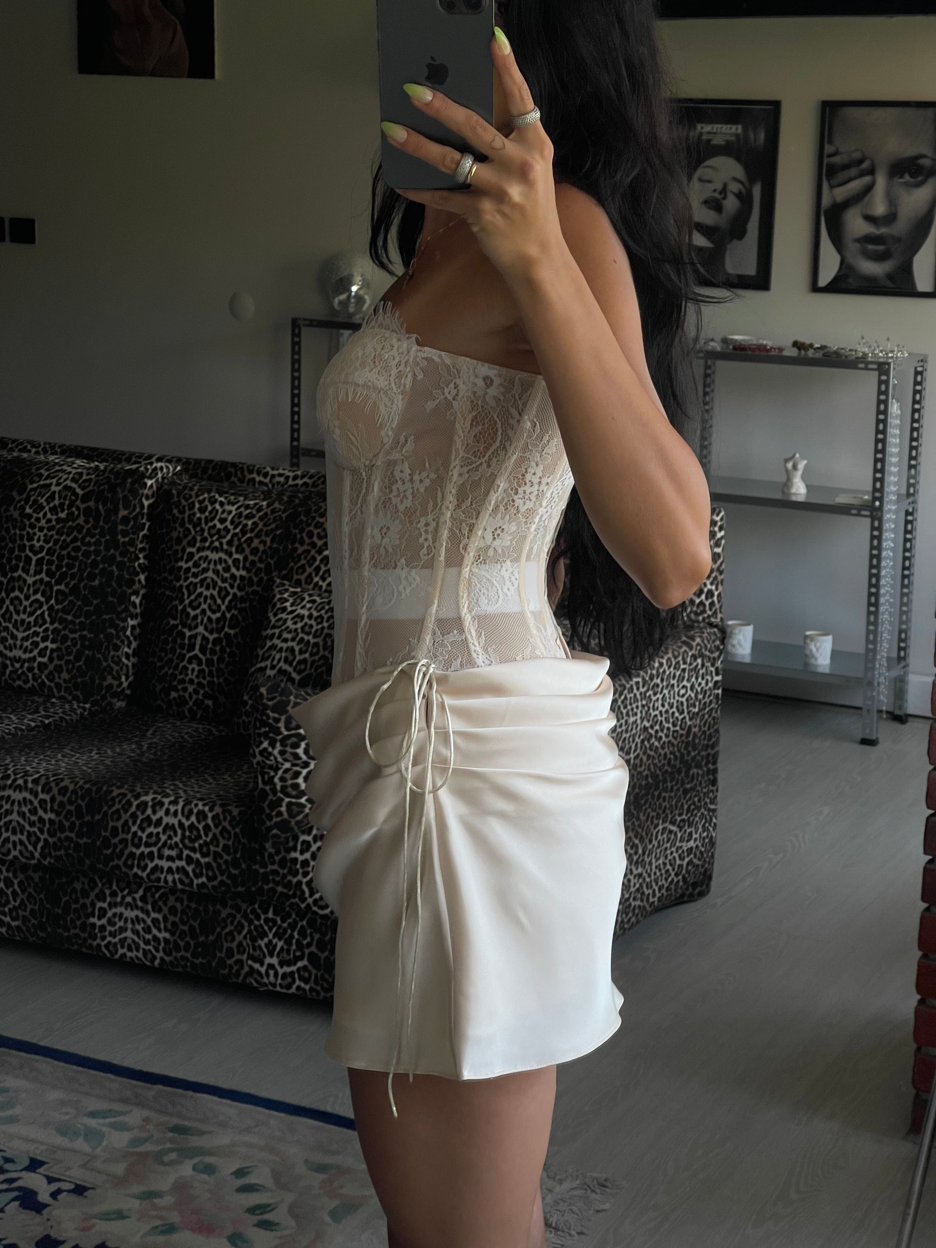 Skeleton Champagne Lace-Silk Draped Dress