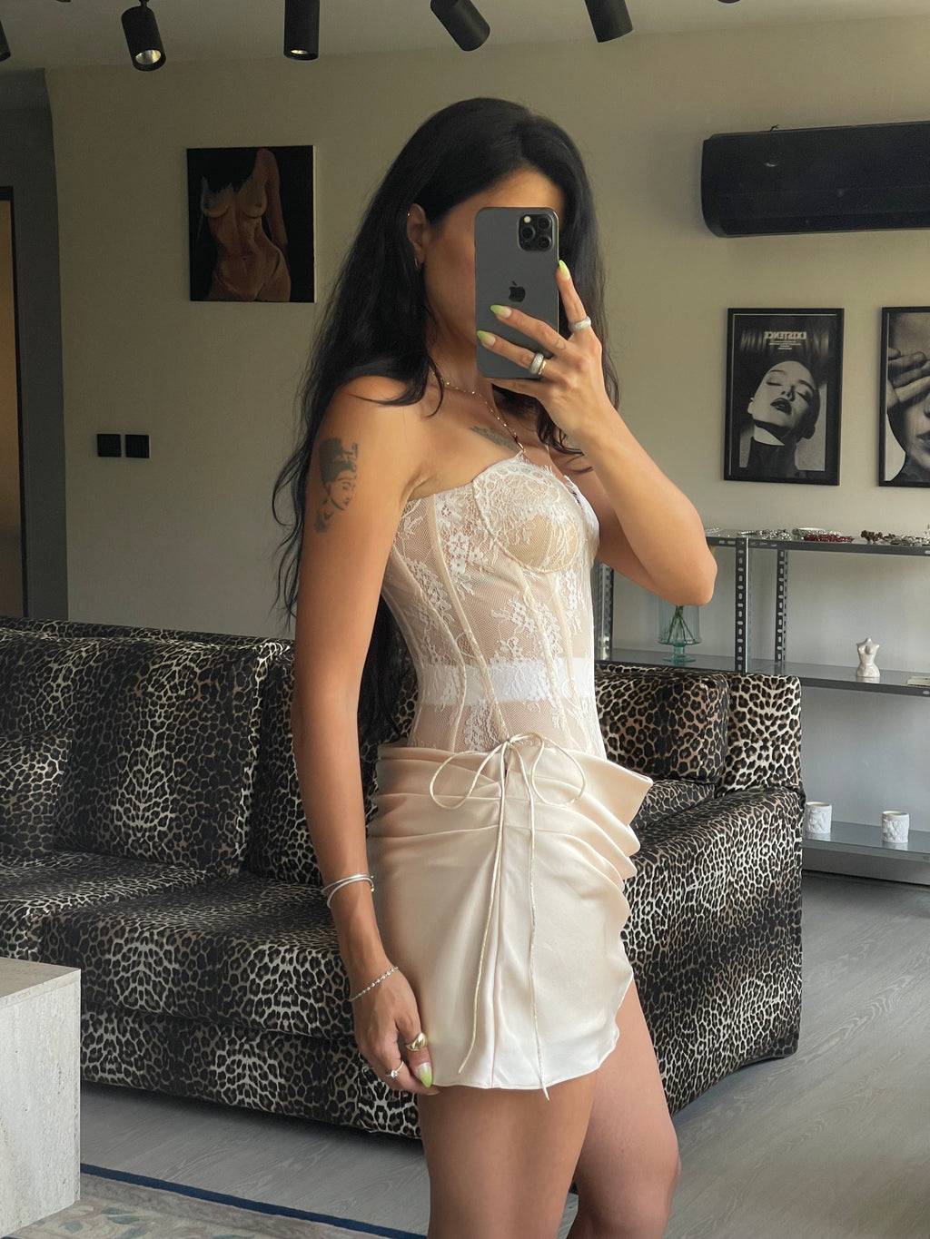 Skeleton Champagne Lace-Silk Draped Dress