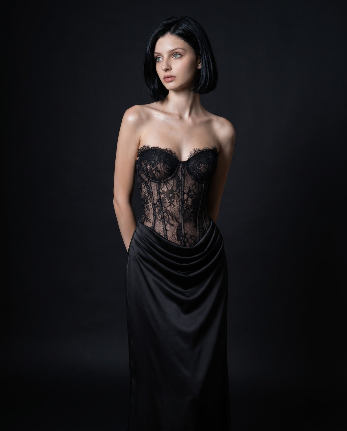 Skeleton Black Lace-Silk Draped Dress