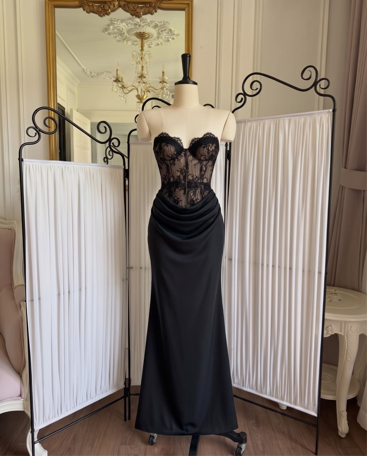 Skeleton Black Lace-Silk Draped Dress