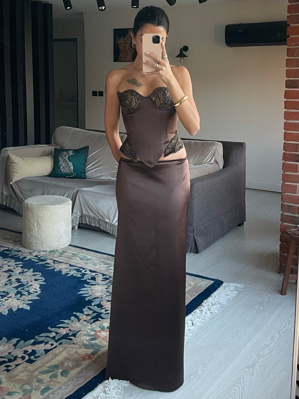 Noctura Dark Brown Korse ve Etek Seti